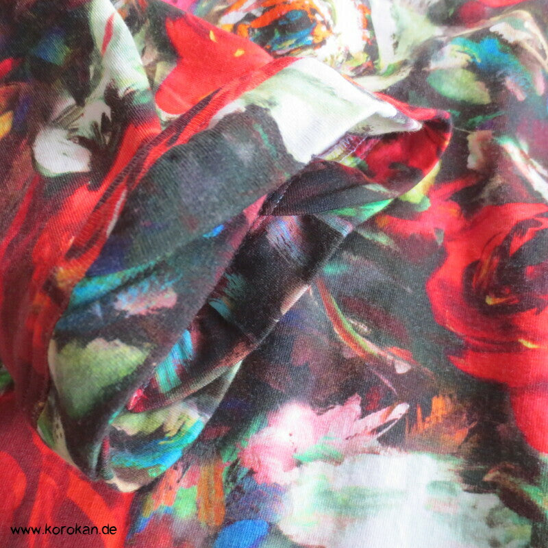 Baumwolljersey Rosen Langarm Shirt mit Rosenblütenausschnitt, Gr. XL