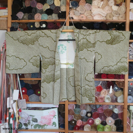 Full Shibori grüne Wolke Seiden Haori Kimono Jacke, mit Himo