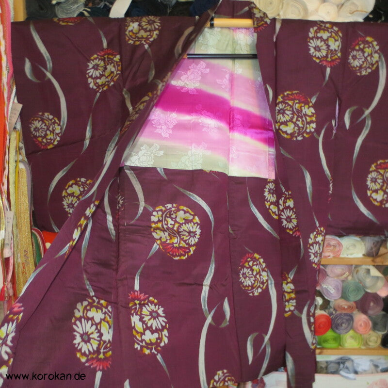 Japan Art Deco weinrot - bunte Meisen Seiden Haori Kimono Jacke
