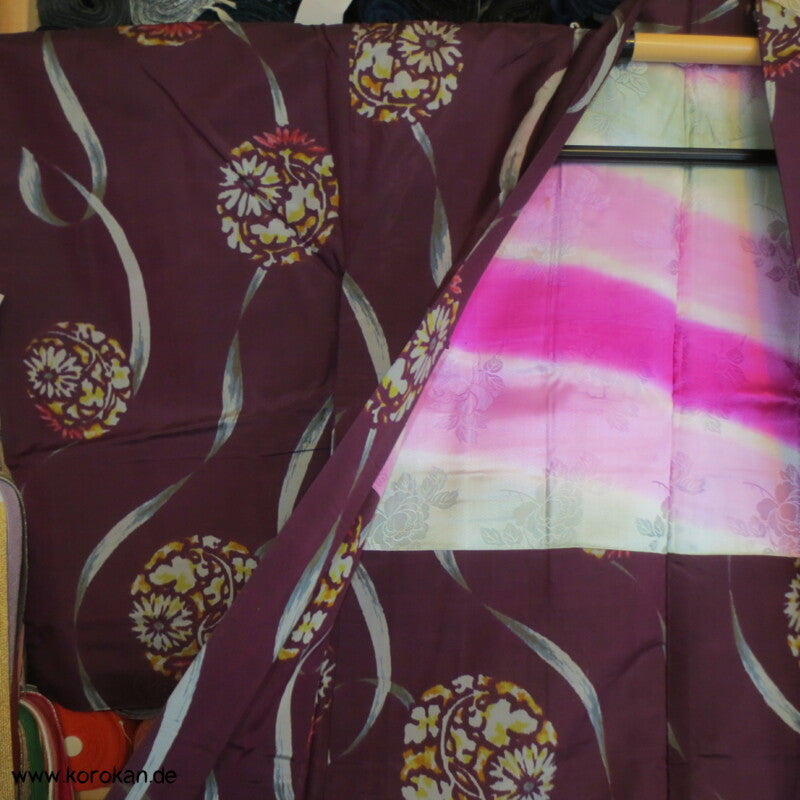 Japan Art Deco weinrot - bunte Meisen Seiden Haori Kimono Jacke