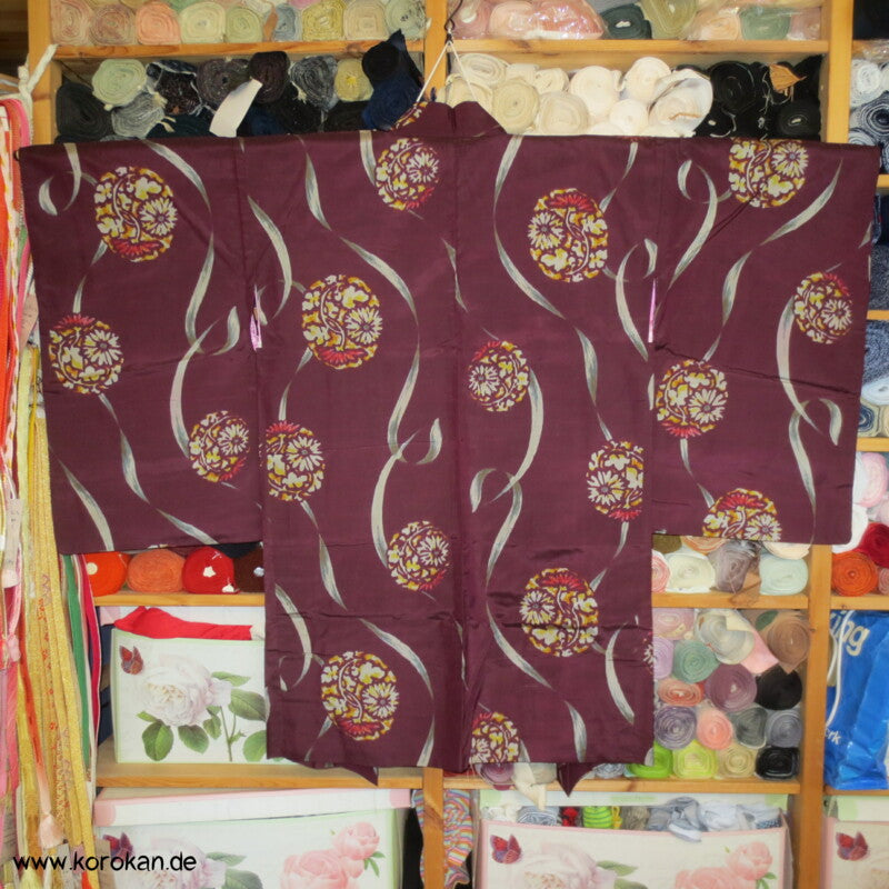 Japan Art Deco weinrot - bunte Meisen Seiden Haori Kimono Jacke