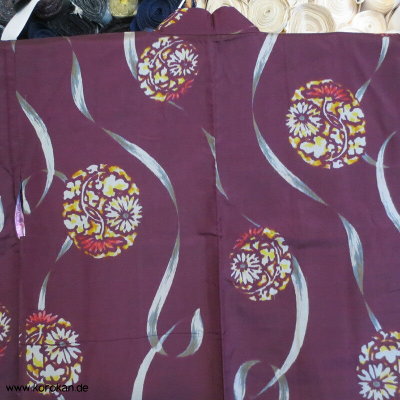 Japan Art Deco weinrot - bunte Meisen Seiden Haori Kimono Jacke