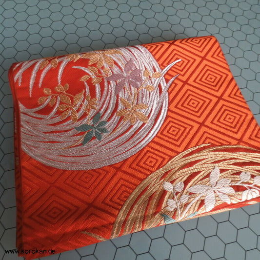 Reisgarbenrondelle auf persimmon Fukuro Obi Seidenbrokat Kimonogürtel