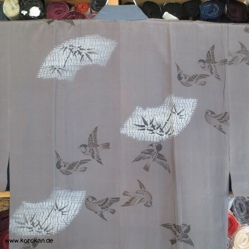 Spatzen und Bambus auf Shibori Fächern Juban Unter - Kimono