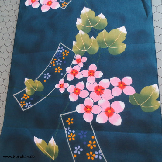 Phloxblüten auf petrol Yukata Kimono Baumwollstoff