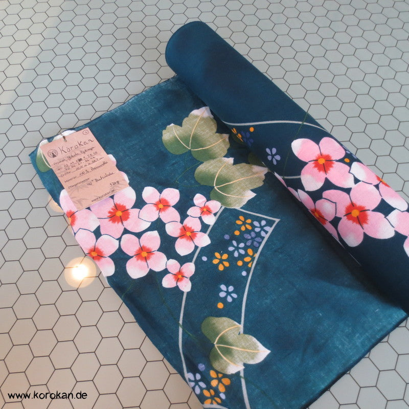 Phloxblüten auf petrol Yukata Kimono Baumwollstoff