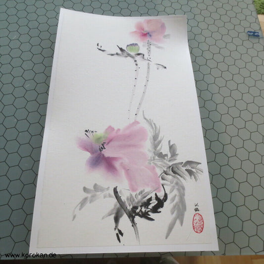 Sumi E Baumpäonien Aquarell - handgemalt, Künstlerstempel