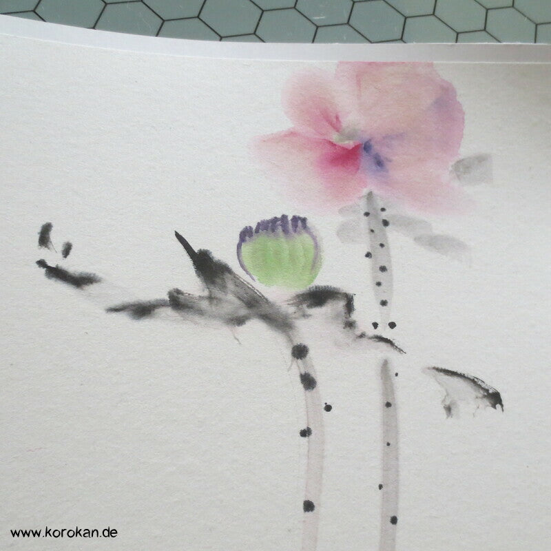 Sumi E Baumpäonien Aquarell - handgemalt, Künstlerstempel