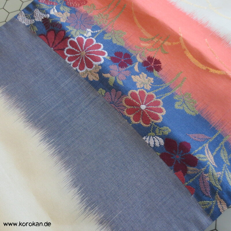 Blumenwiese auf blau - lachs - kiesel Fukuro Obi