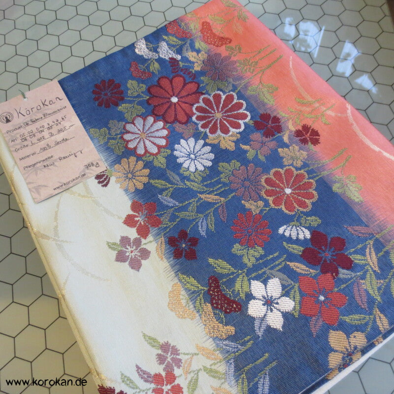 Blumenwiese auf blau - lachs - kiesel Fukuro Obi