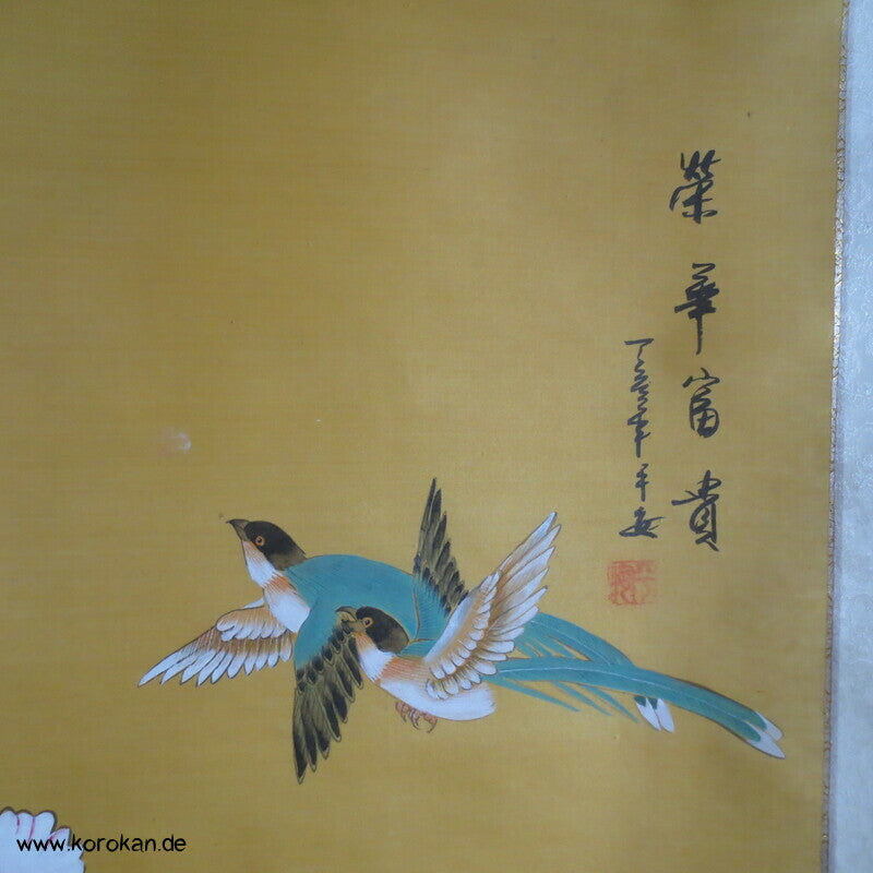 japanisches Rollbild Vögel über Päonien mit  Beschwerungsrollen