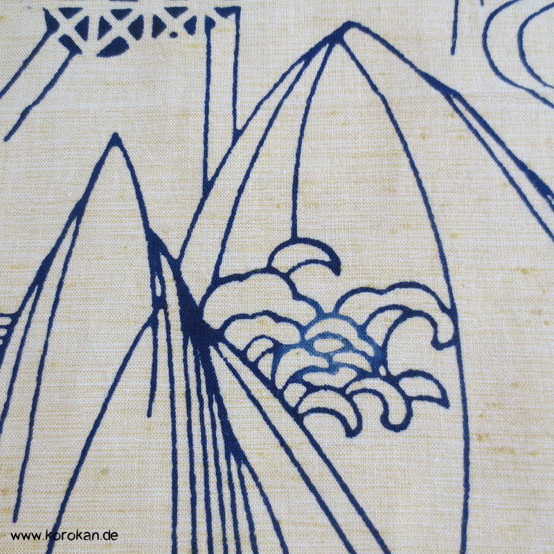 Wellen Blüten indigo, rot Yukata Stoff - antik