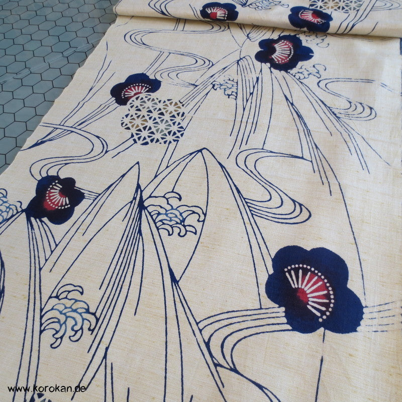 Wellen Blüten indigo, rot Yukata Stoff - antik