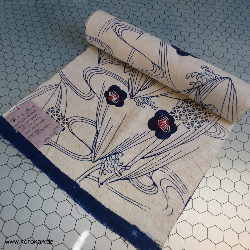 Wellen Blüten indigo, rot Yukata Stoff - antik