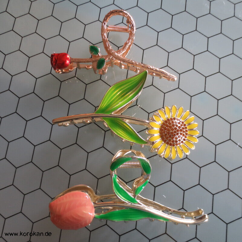 Haarkralle, Metall, Blumenformen, Emaille lackiert