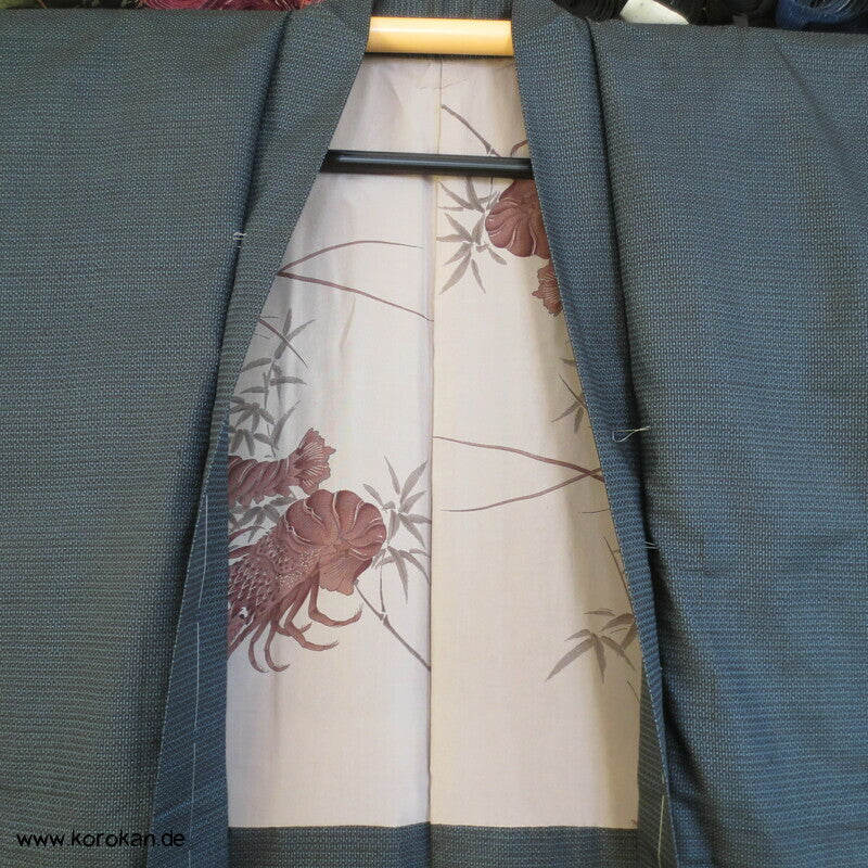 blauer Tsumugi Kasuri Seiden Haori, Langustendruck Futter
