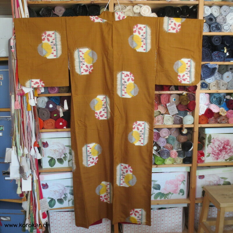 Japan Art Deco abstrakte Muster auf curry Meisen Seiden Kimono