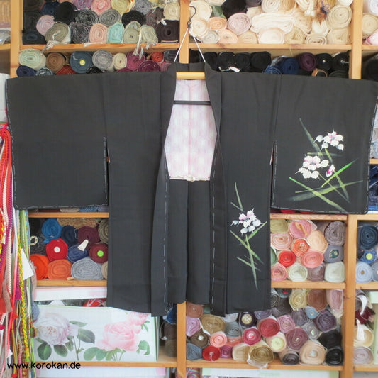 abstrakte Blumen mit Grünzeug Seidencrepe Haori Jacke, mit Himo
