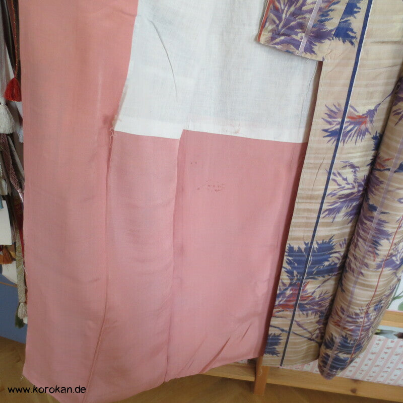 Art Deco violettblaue Blätter und Zweige Meisen Seiden Kimono