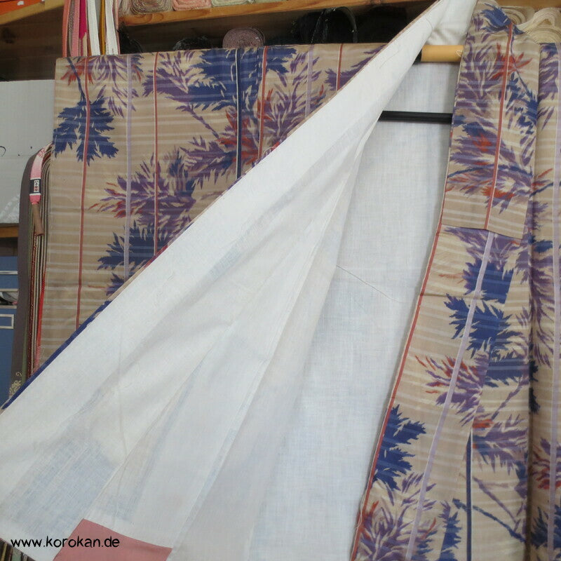 Art Deco violettblaue Blätter und Zweige Meisen Seiden Kimono