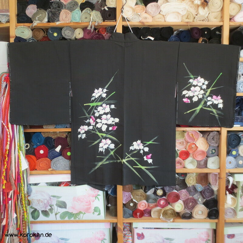 abstrakte Blumen mit Grünzeug Seidencrepe Haori Jacke, mit Himo