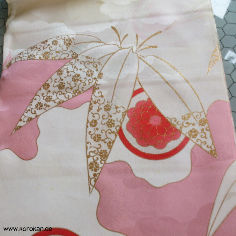 rosa Wolken, goldener Bambus Kimono Seide