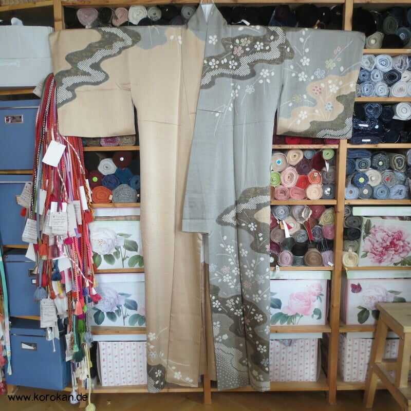 Shibori Fluss auf Sayagata Damast Homongi Kimono