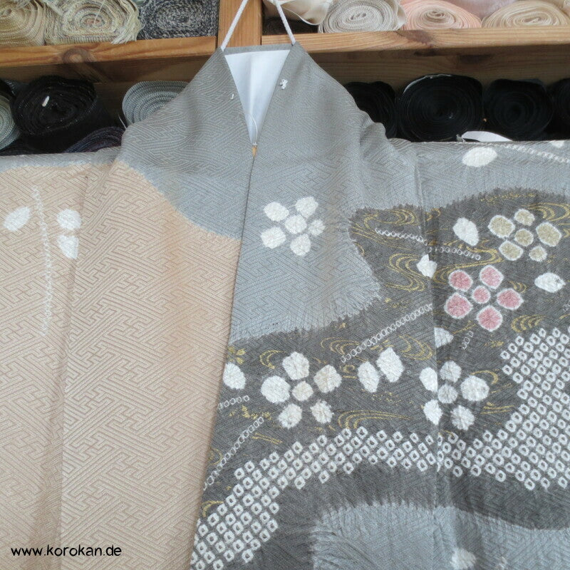 Shibori Fluss auf Sayagata Damast Homongi Kimono