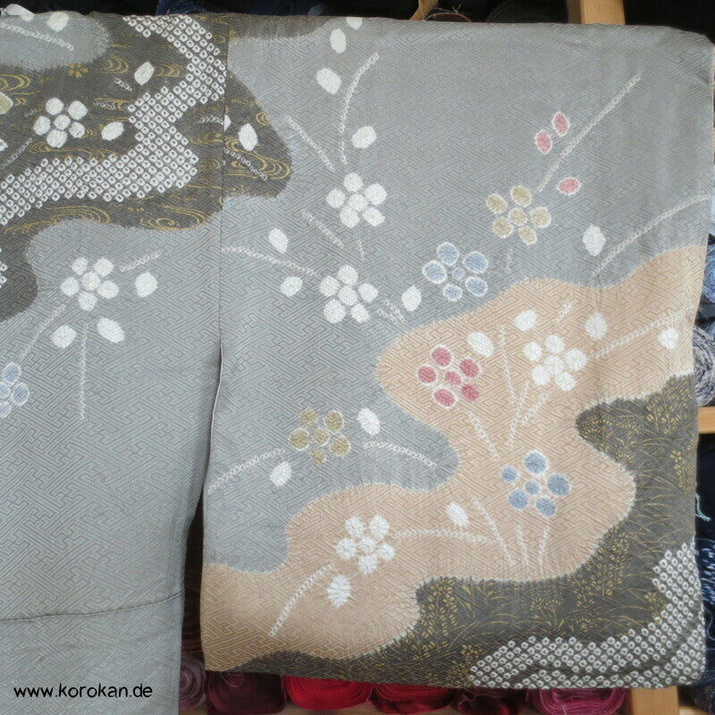 Shibori Fluss auf Sayagata Damast Homongi Kimono