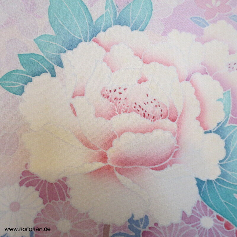 Pfingstrosen auf Fächern in rosa Seide Homongi Kimono
