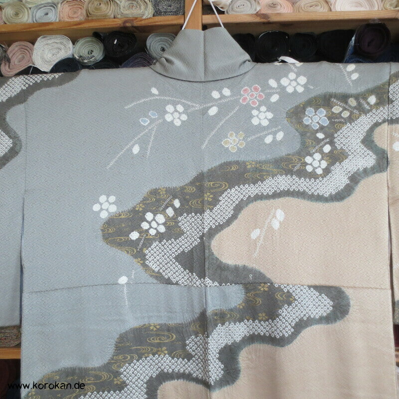Shibori Fluss auf Sayagata Damast Homongi Kimono