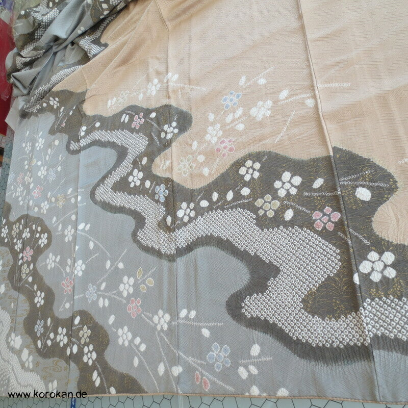 Shibori Fluss auf Sayagata Damast Homongi Kimono
