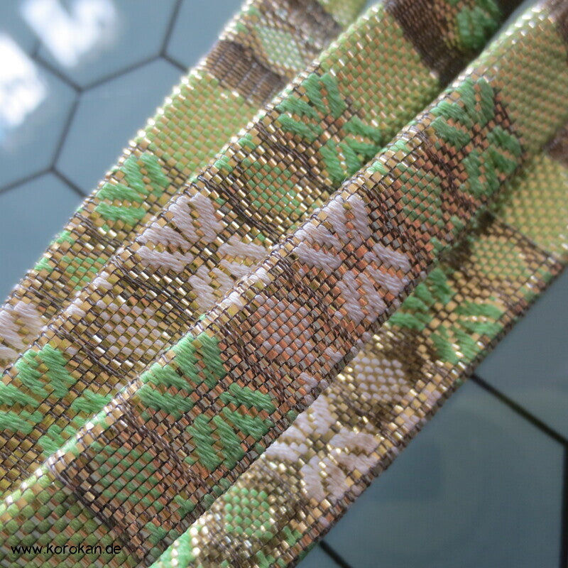 Vintage Saganishiki Obijime, Seidenbrokat, grün glitzer