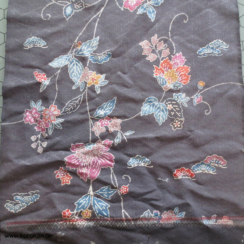 Bingata auf grau Seide /Wolle Kimono Damast