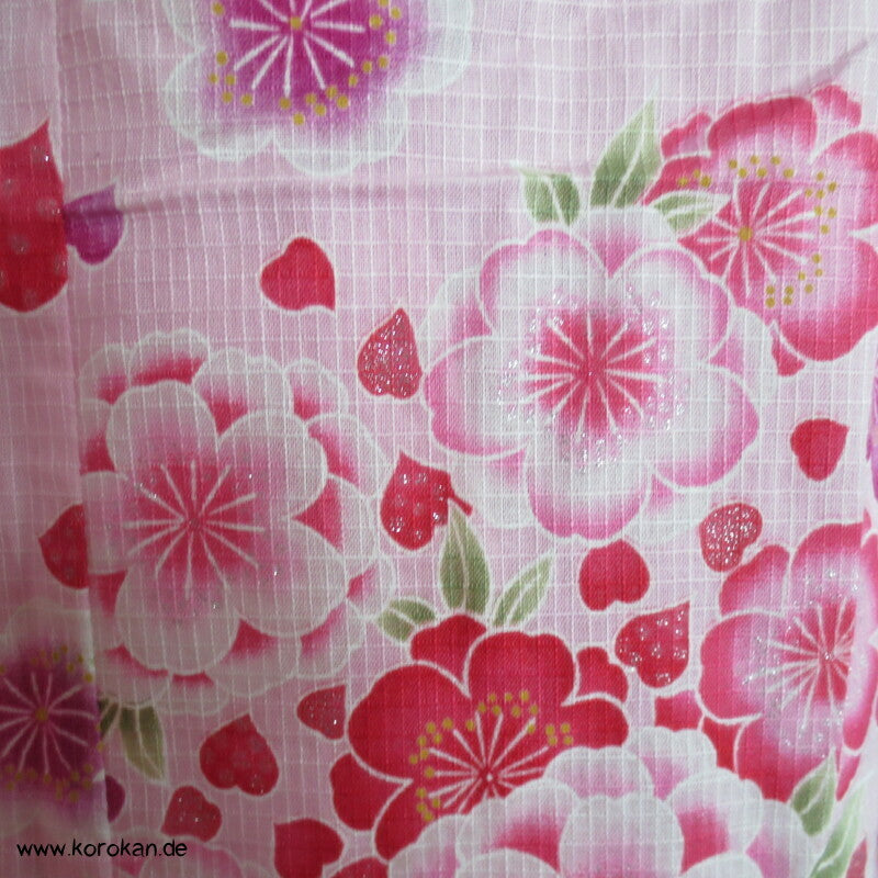 Yukata Kimono für Mädchen, Sakura Blüten auf rosa mit Glitzer