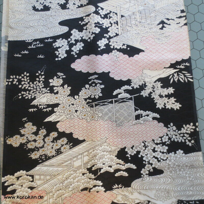 Häuser zwischen Wolken Wolle / Seide Damast Kimono Tanmono