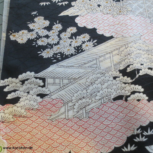 Häuser zwischen Wolken Wolle / Seide Damast Kimono Tanmono