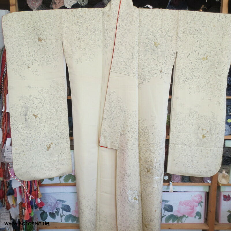 zarter heller Päonien Furisode, teilbestickt, Hochzeit