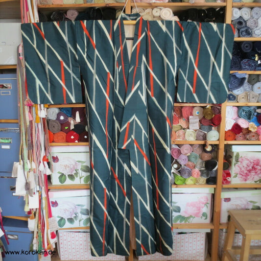 Art Deco Japan abstraktes Zweigegitter auf petrol Meisen Seiden Kimono