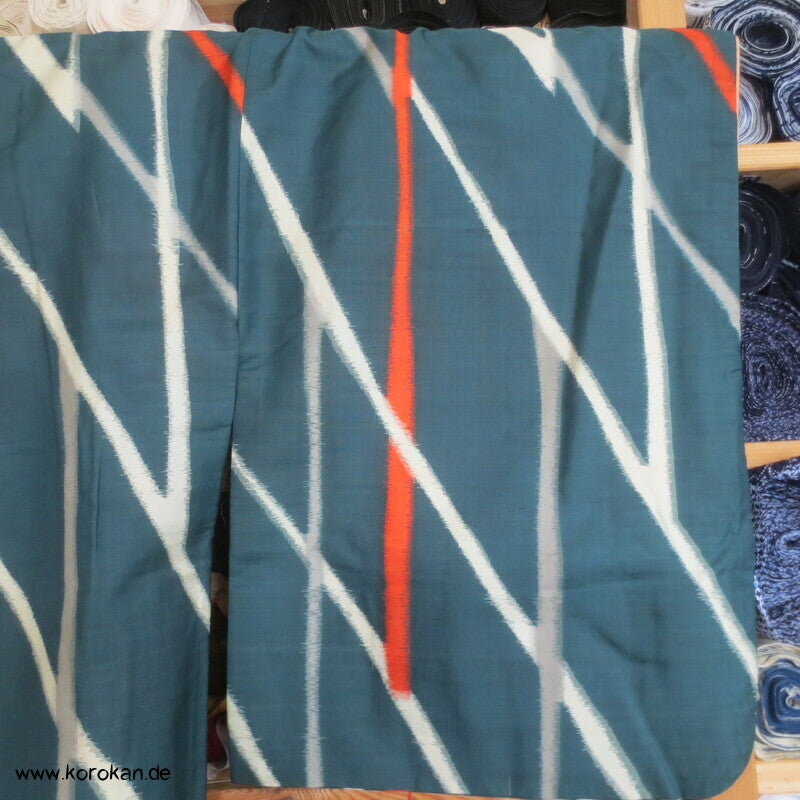 Art Deco Japan abstraktes Zweigegitter auf petrol Meisen Seiden Kimono