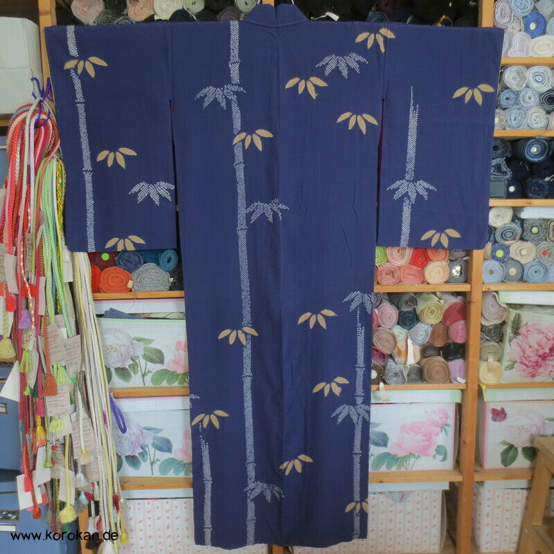 Shibori Bambusmuster, blauvioletter Seiden Homongi Kimono