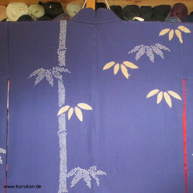 Shibori Bambusmuster, blauvioletter Seiden Homongi Kimono