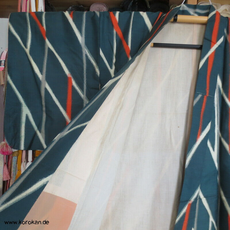 Art Deco Japan abstraktes Zweigegitter auf petrol Meisen Seiden Kimono