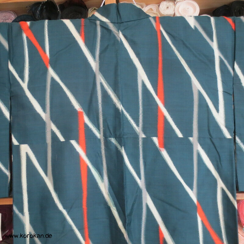 Art Deco Japan abstraktes Zweigegitter auf petrol Meisen Seiden Kimono