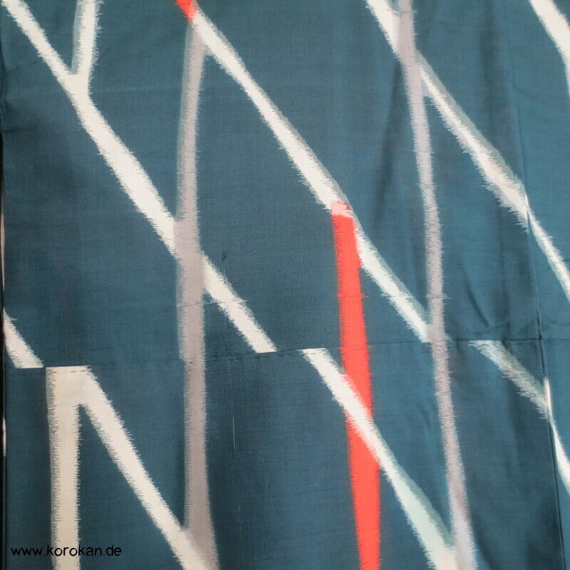 Art Deco Japan abstraktes Zweigegitter auf petrol Meisen Seiden Kimono