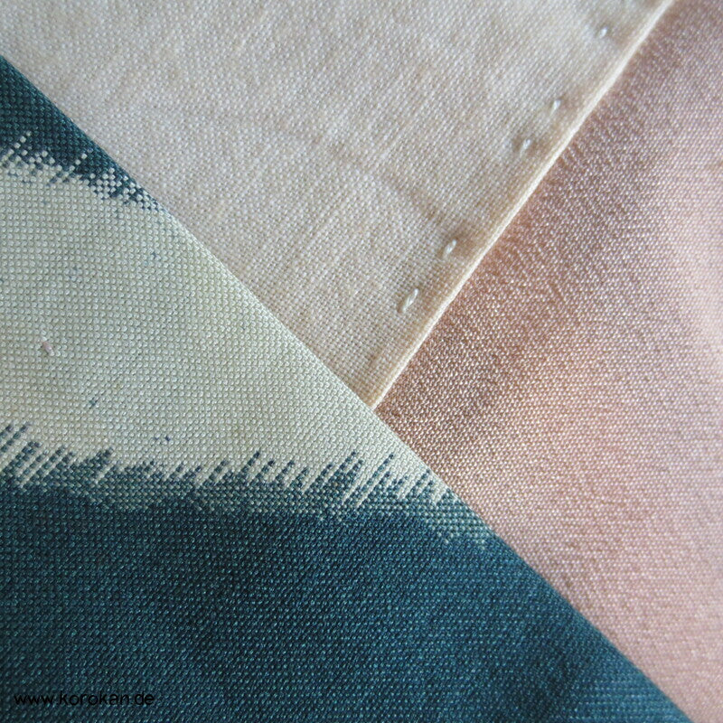 Art Deco Japan abstraktes Zweigegitter auf petrol Meisen Seiden Kimono