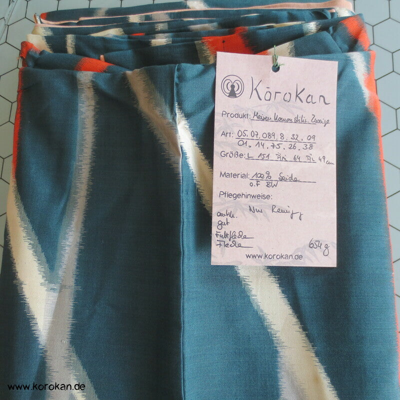 Art Deco Japan abstraktes Zweigegitter auf petrol Meisen Seiden Kimono