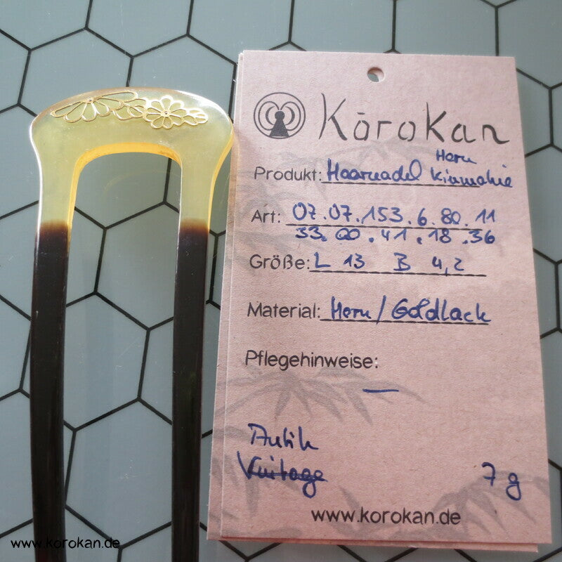 antike japanische Hornhaarnadel mit Kinmakie Chrysanthemen