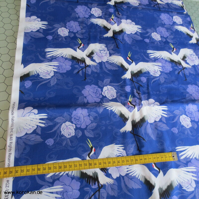 Kraniche auf Rosen blauer dicker Baumwollstoff