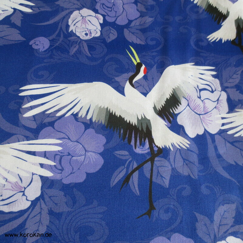 Kraniche auf Rosen blauer dicker Baumwollstoff